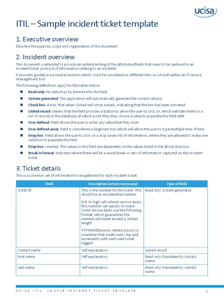 ITIL Sample Incident Ticket Template PDF File Format Information