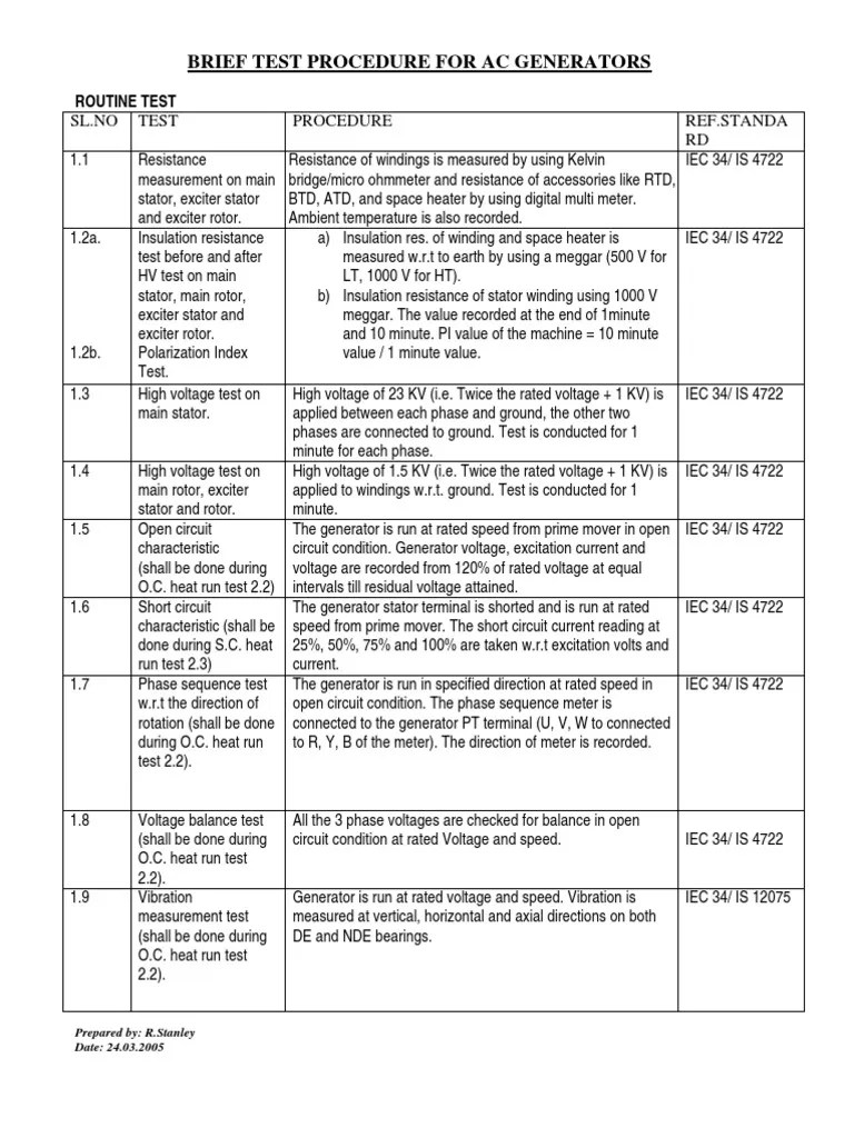 Test Procedure For AC Generators PDF Electric Generator Voltage