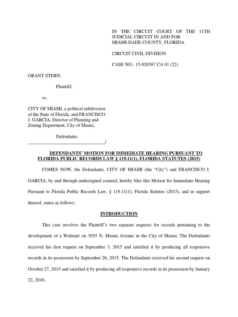 Defendants’ Motion For Immediate Hearing Pursuant To Florida Public Records Law § 119.11(1