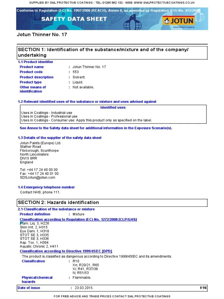 MSDS Jotun Thinner 17 Toxicity Personal Protective Equipment