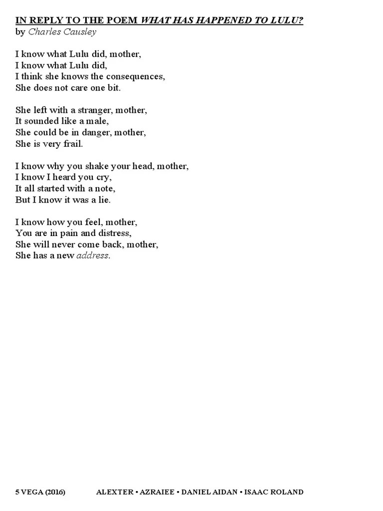 In Reply to the Poem What Has Happened to Lulu