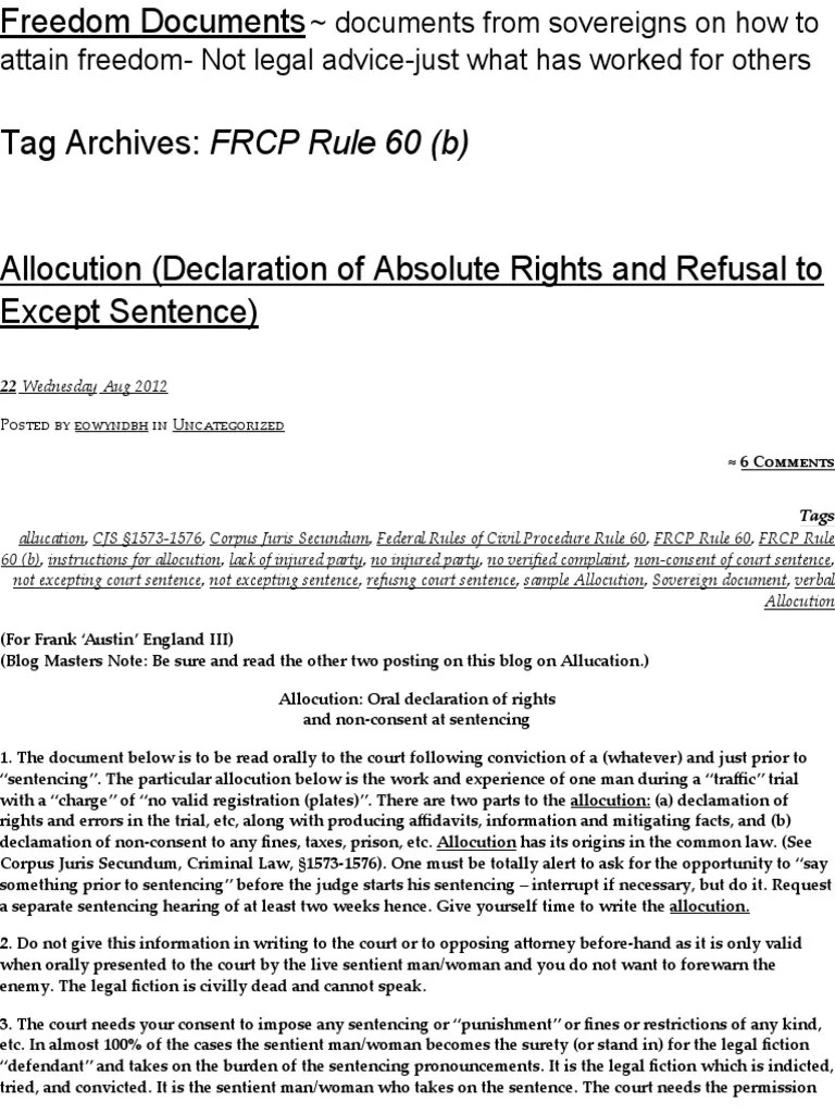 FRCP Rule 60 (b) Allolqution Freedom Documents Federal Rules Of Civil Procedure Sentence (Law)