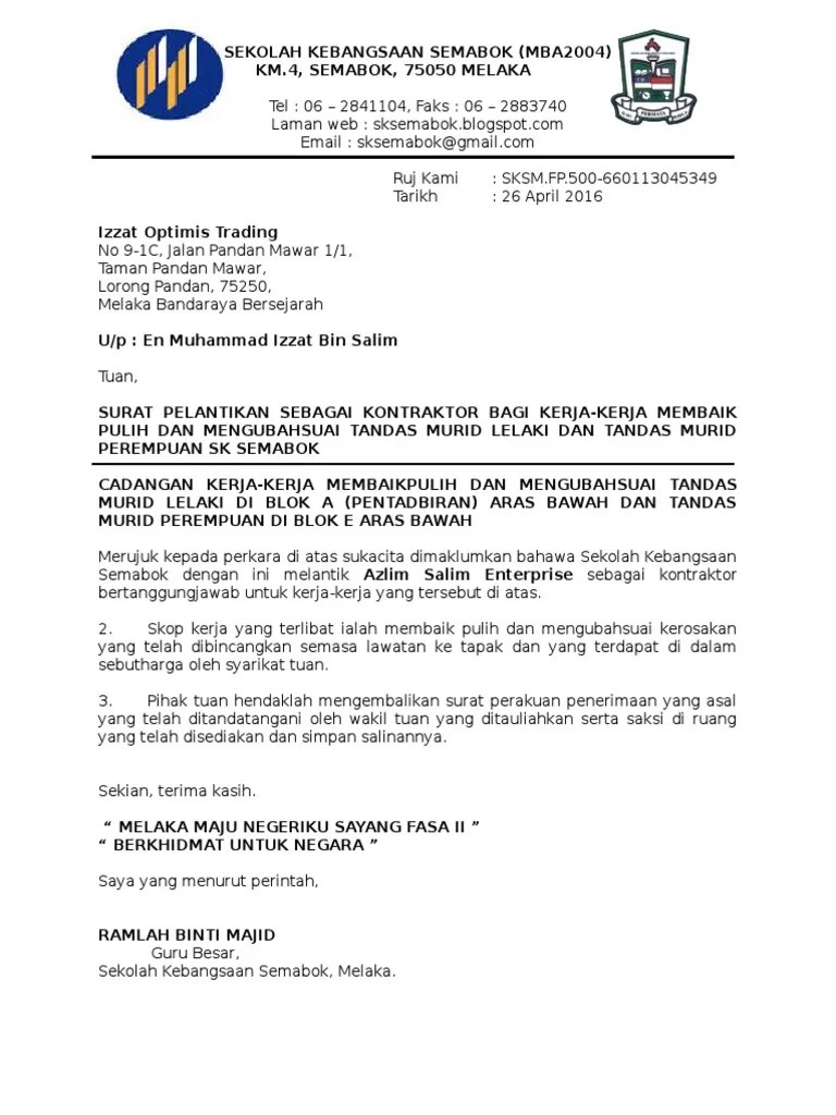 Contoh Surat Rasmi Menyatakan Kesuraran Mencari Kontraktor