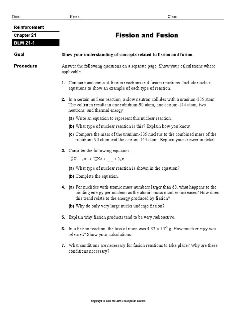 Fission and Fusion Worksheet Nuclear Reaction Nuclear Fission