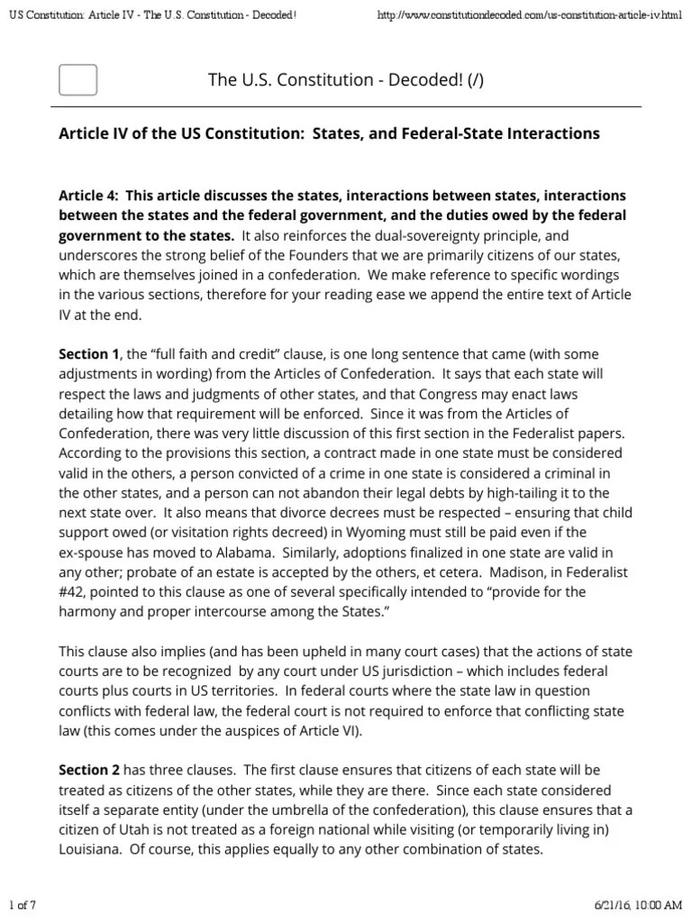 US Constitution Article IV The U.S. Constitution Decoded! Article Four Of The United