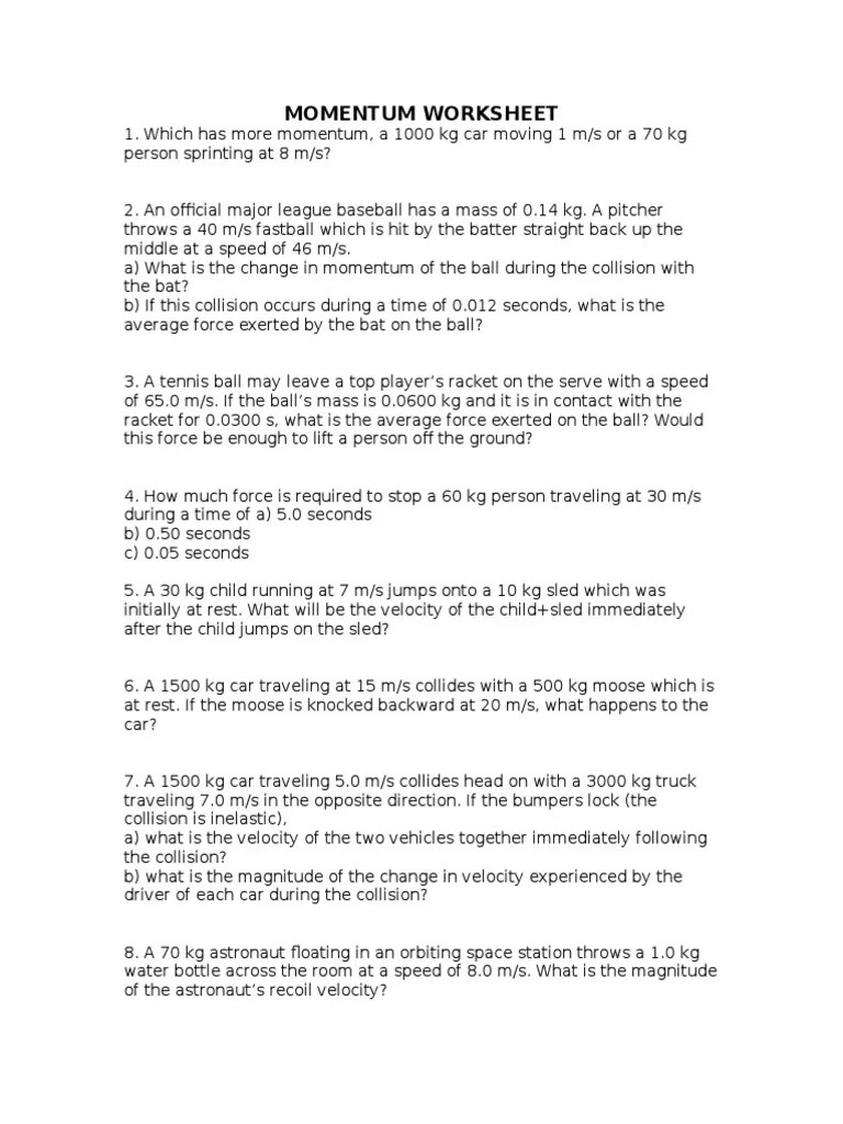Momentum Worksheet