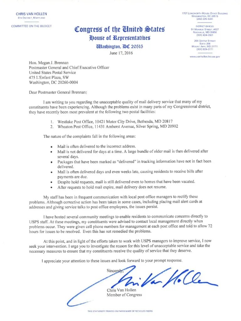 Letter to Postmaster General