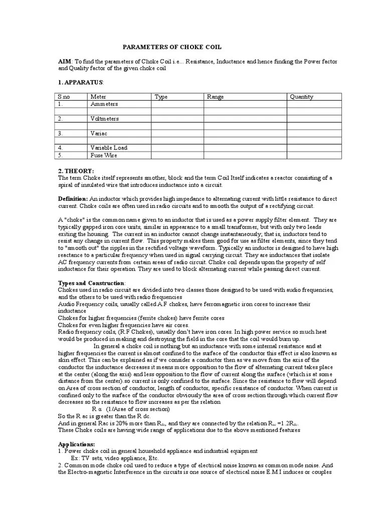 Parameters of Choke Coil PDF Inductor Alternating Current
