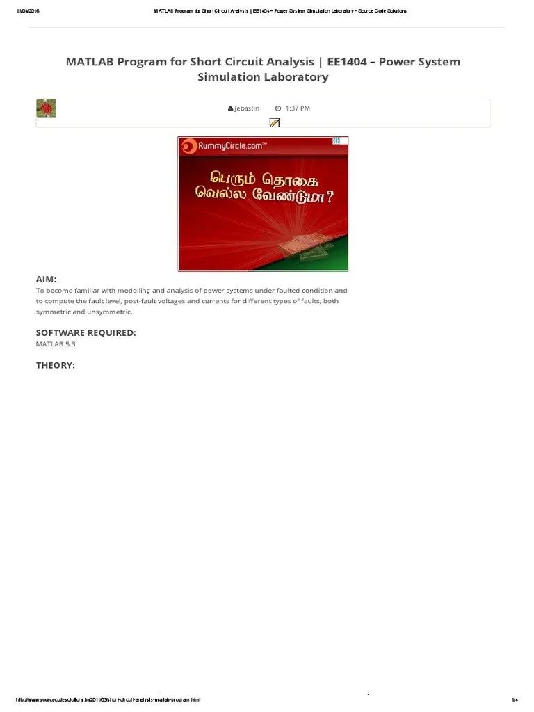 MATLAB Program For Short Circuit Analysis EE1404 Power System