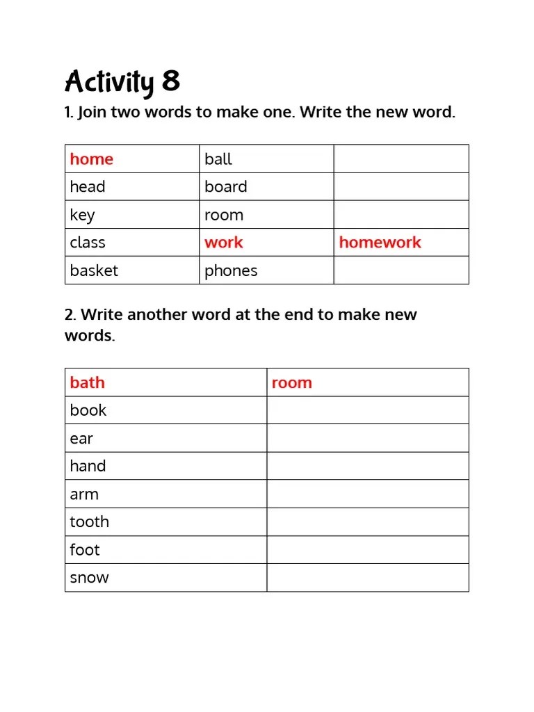 Activity 8: 1. Join Two Words To Make One. Write The New Word | PDF