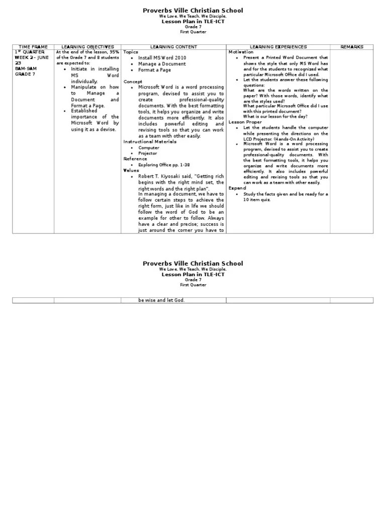 Lesson Plan in TLE ICT Grade 7 1st Quarter 2