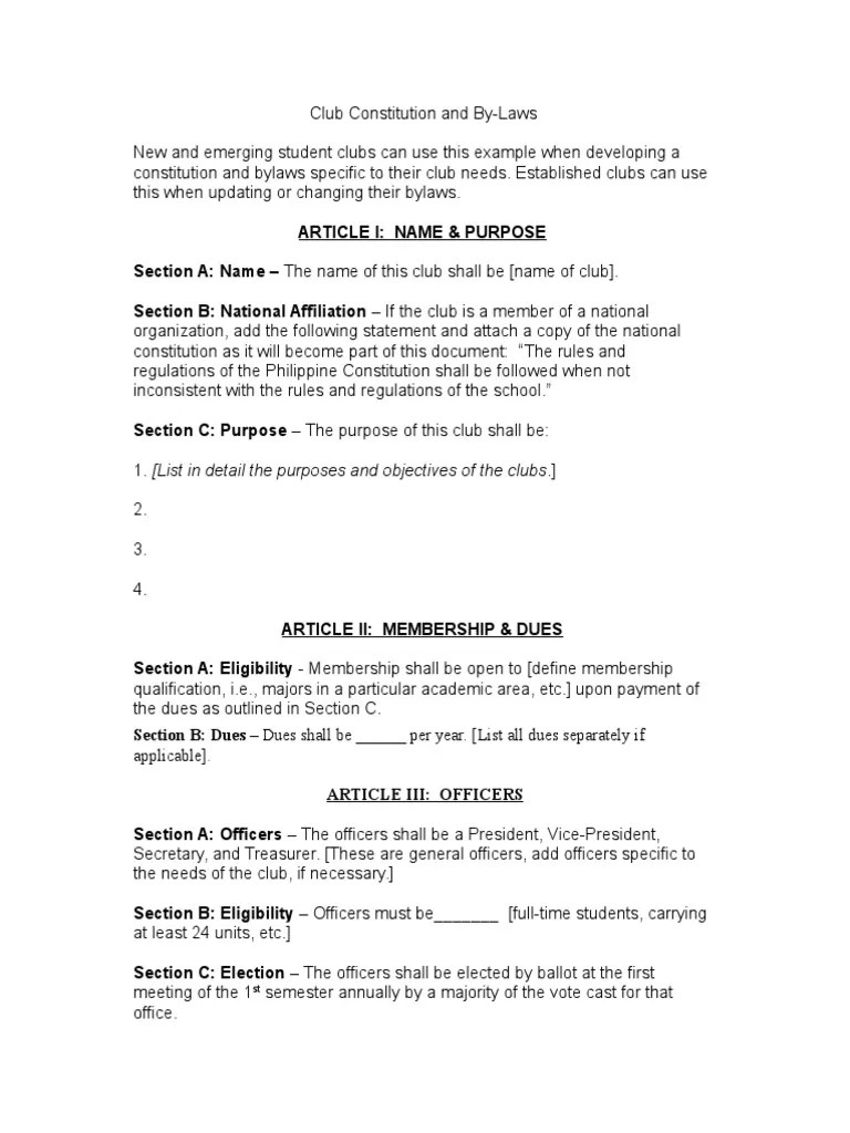 Sample Club Constitution and Bylaws Guidelines By Law Committee