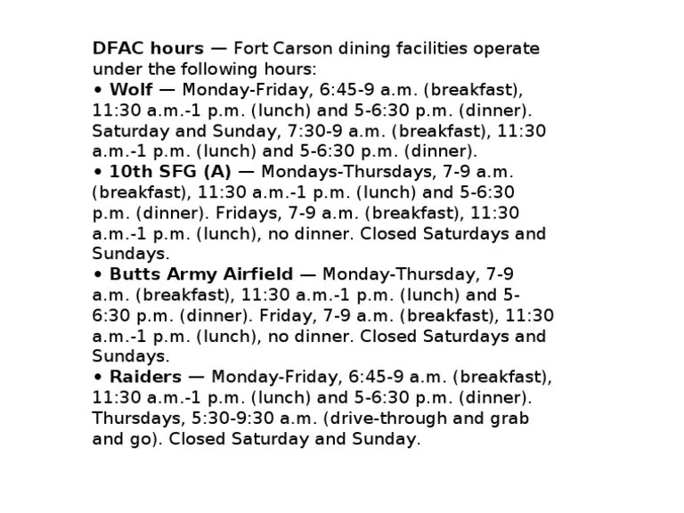 DFAC Hours PDF Dinner Meal