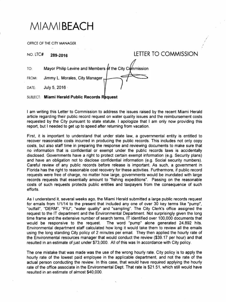 Miami Herald Public Records Request to City of Miami Beach Confidentiality Government