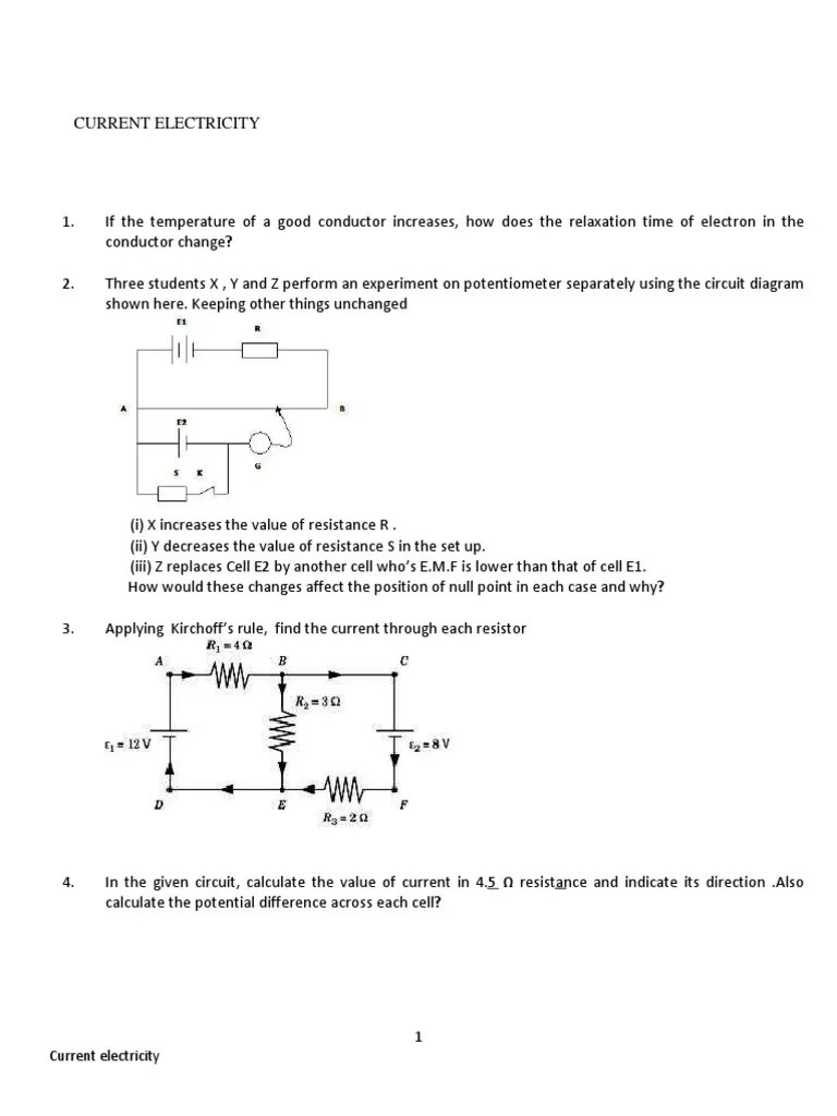 Current electricity Worksheet Electric Current Electrical