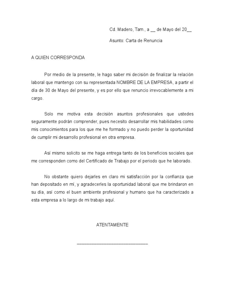 Carta RENUNCIA VOLUNTARIA