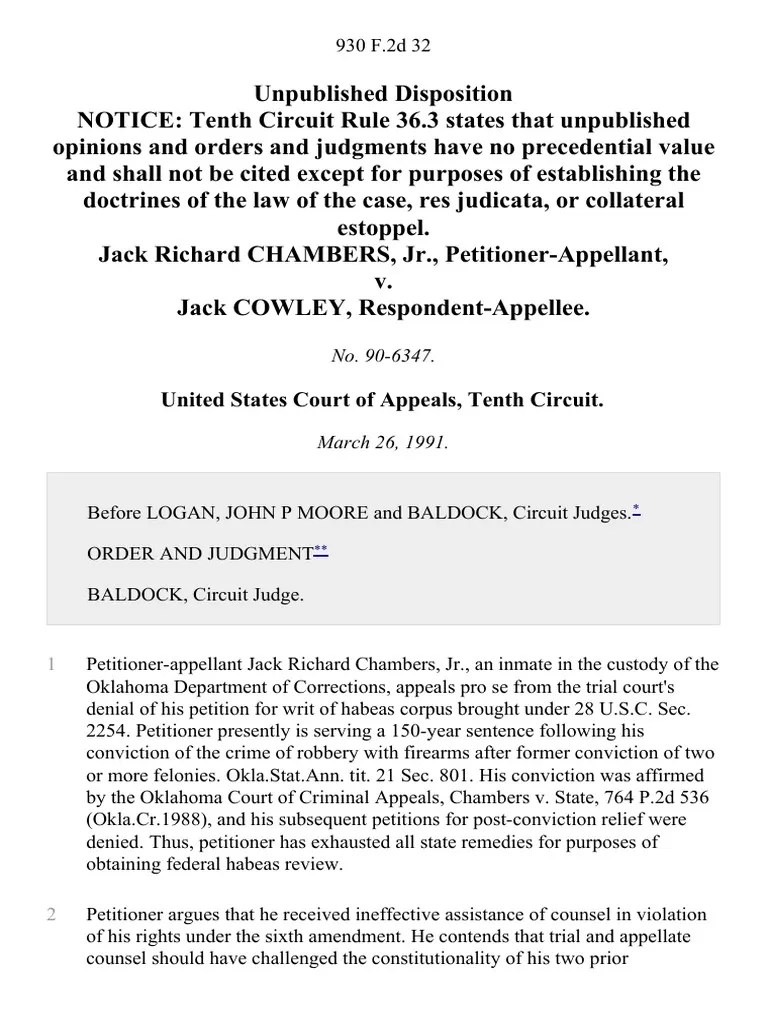 Jack Richard Chambers, Jr. v. Jack Cowley, 930 F.2d 32, 10th Cir. (1991) PDF Strickland V