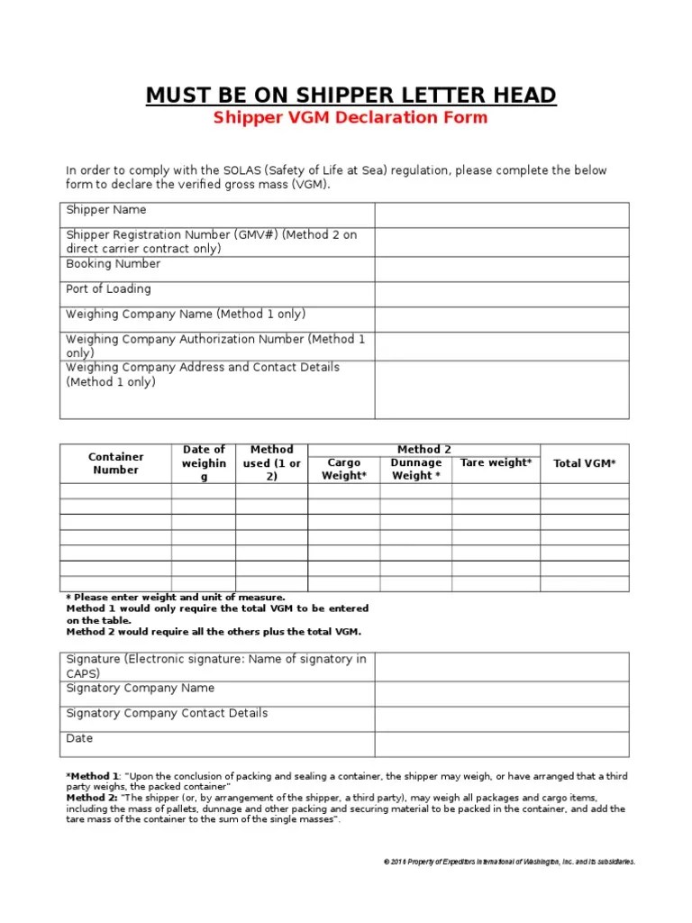 Shipper VGM Declaration Form Expeditors