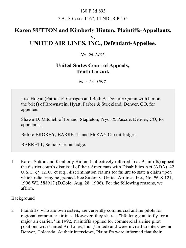 Sutton v. United Airlines, 130 F.3d 893, 10th Cir. (1997) Americans