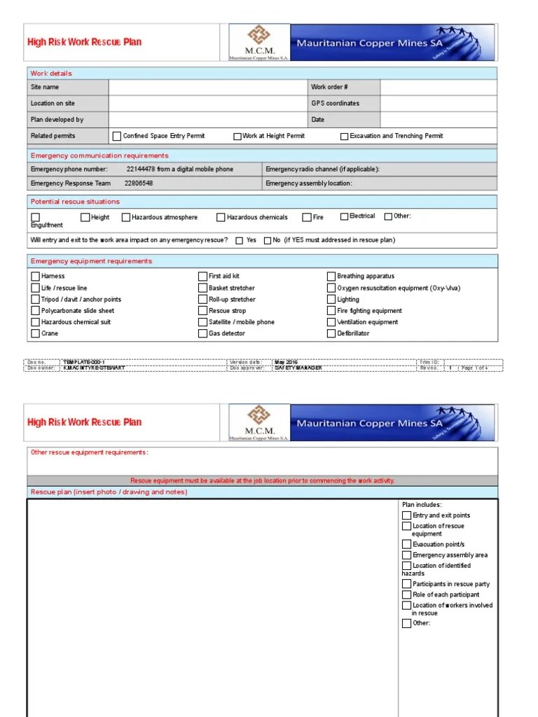 High Risk Work Rescue Plan Template.docx Emergency Management Public Safety Free 30day