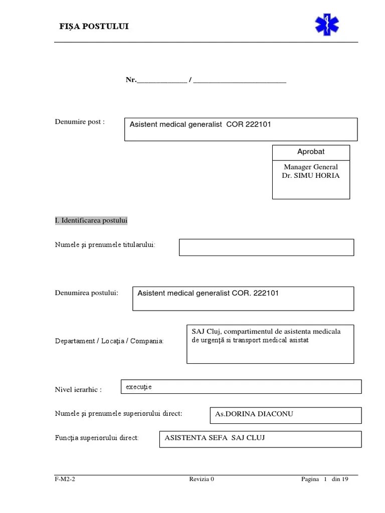 Fisa Postului, Asistent Medical Generalist, Exemplul 1