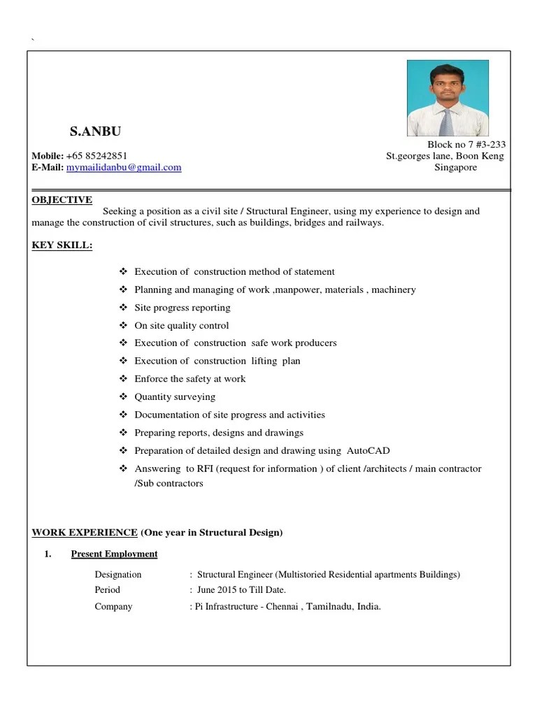 Resume For Singapore Spass Civil Engineer PDF Architect Business