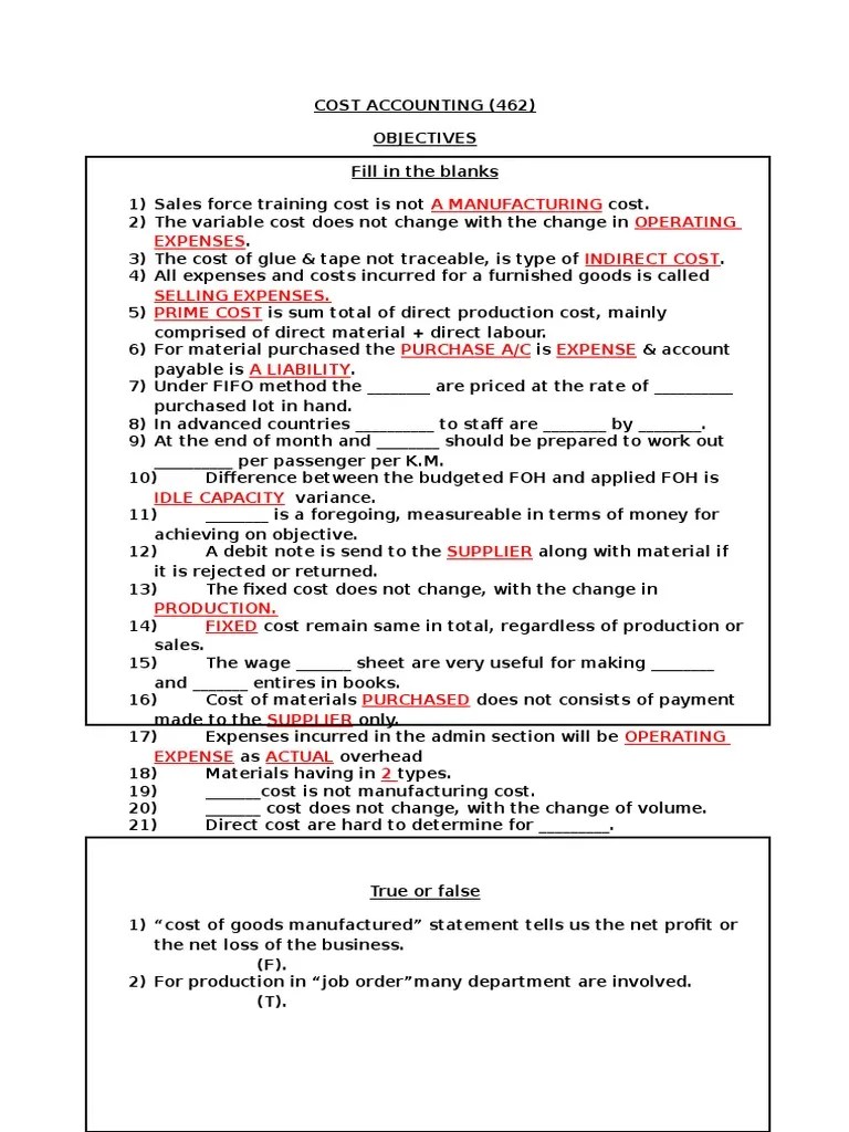 Cost Accounting Objectives PDF Cost Of Goods Sold Production And