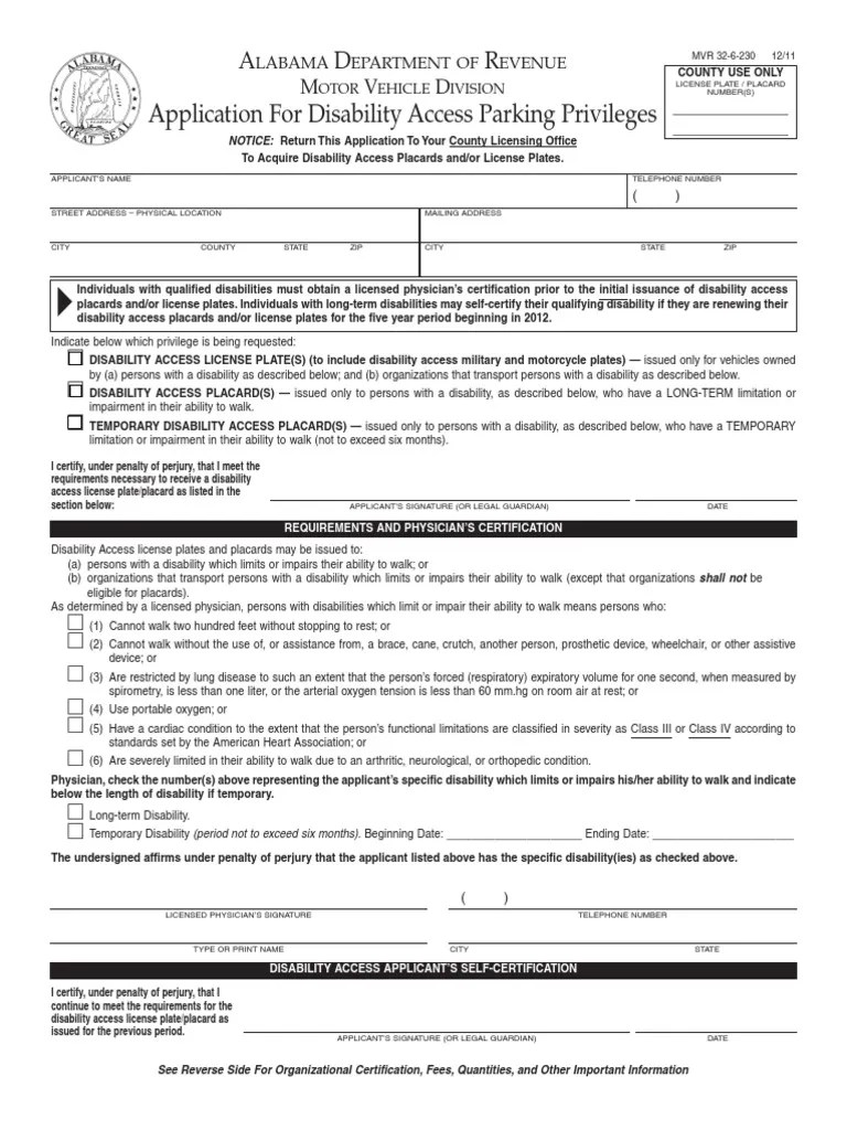 Alabama Disability Access Parking Privileges Application Vehicle