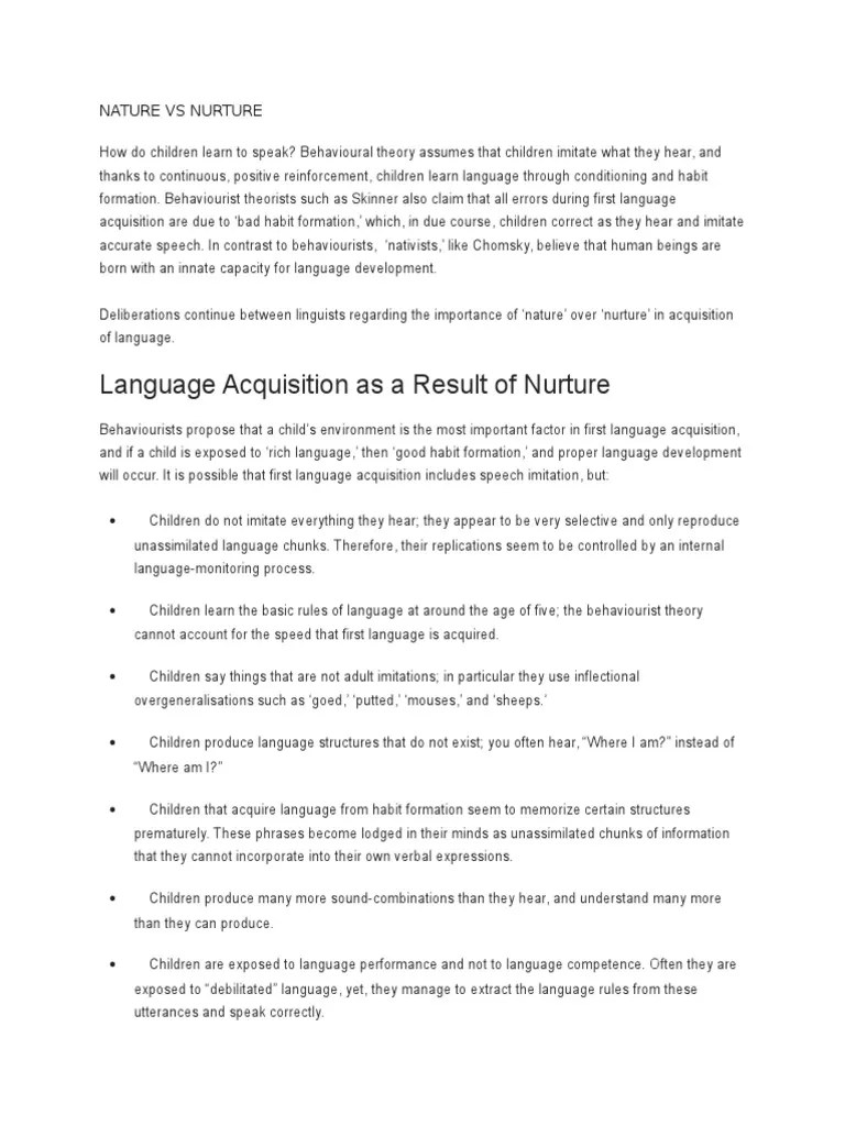 Nature Vs Nurture PDF Language Acquisition Language Development