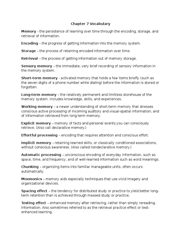 Chapter 7 Vocabulary Recall (Memory) Memory