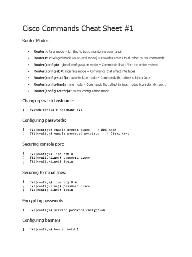 Cisco Commands Cheat Sheet PDF Ip Address Routing