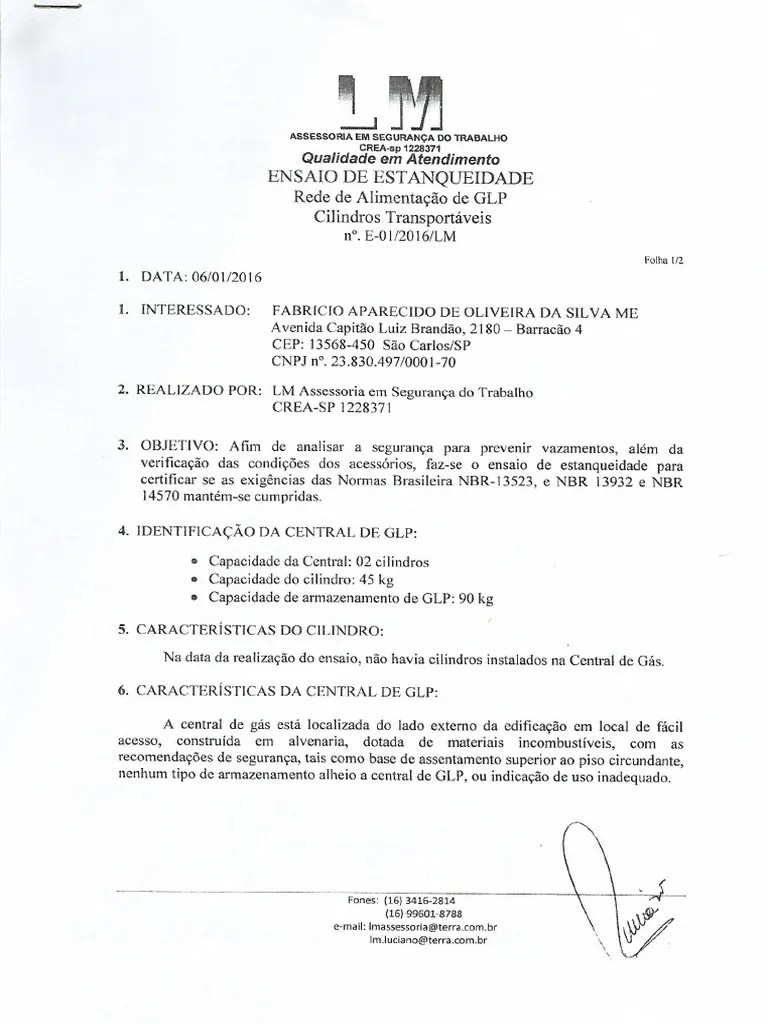 Exemplo de um laudo Laudo de Estanqueidade