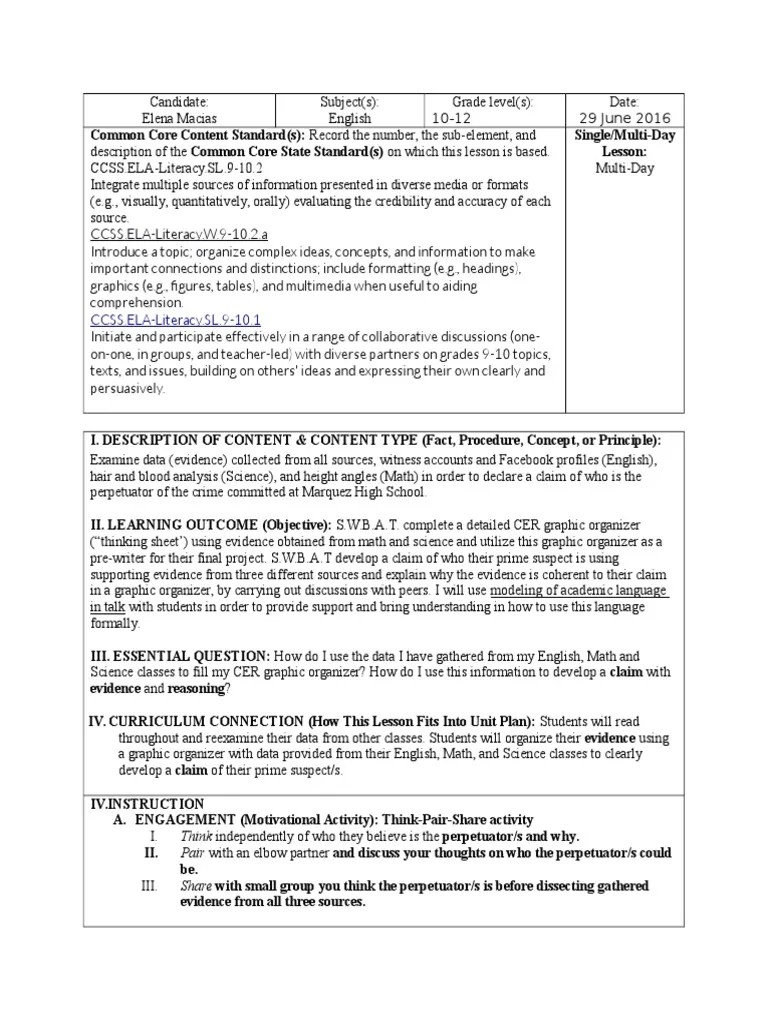 Cer Graphic Organizer Lesson Plan PDF Science Facebook