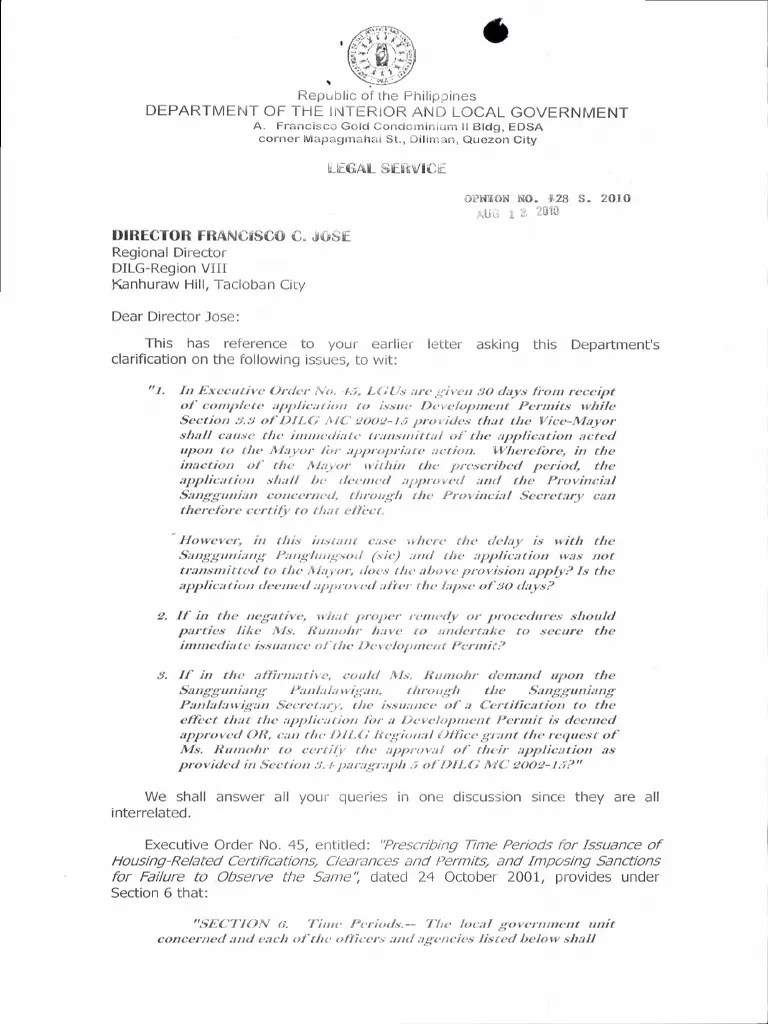 DILG Legal Opinions Development Permit Government Institutions
