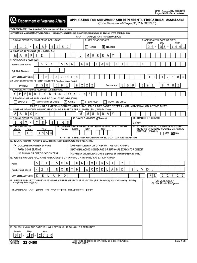 VBA225490ARE United States Department Of Veterans Affairs G.I. Bill