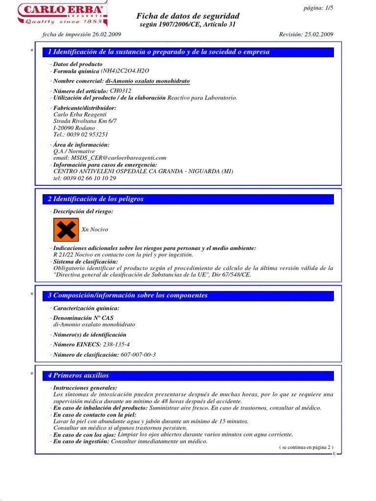 HOJA DE SEGURIDAD OXALATO DE AMONIO PDF