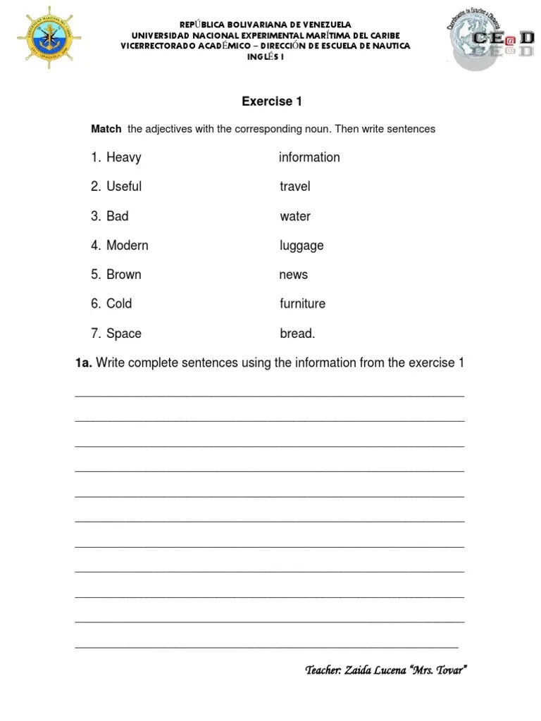 Exercise 1 Match The Adjectives With The Corresponding Noun. Then