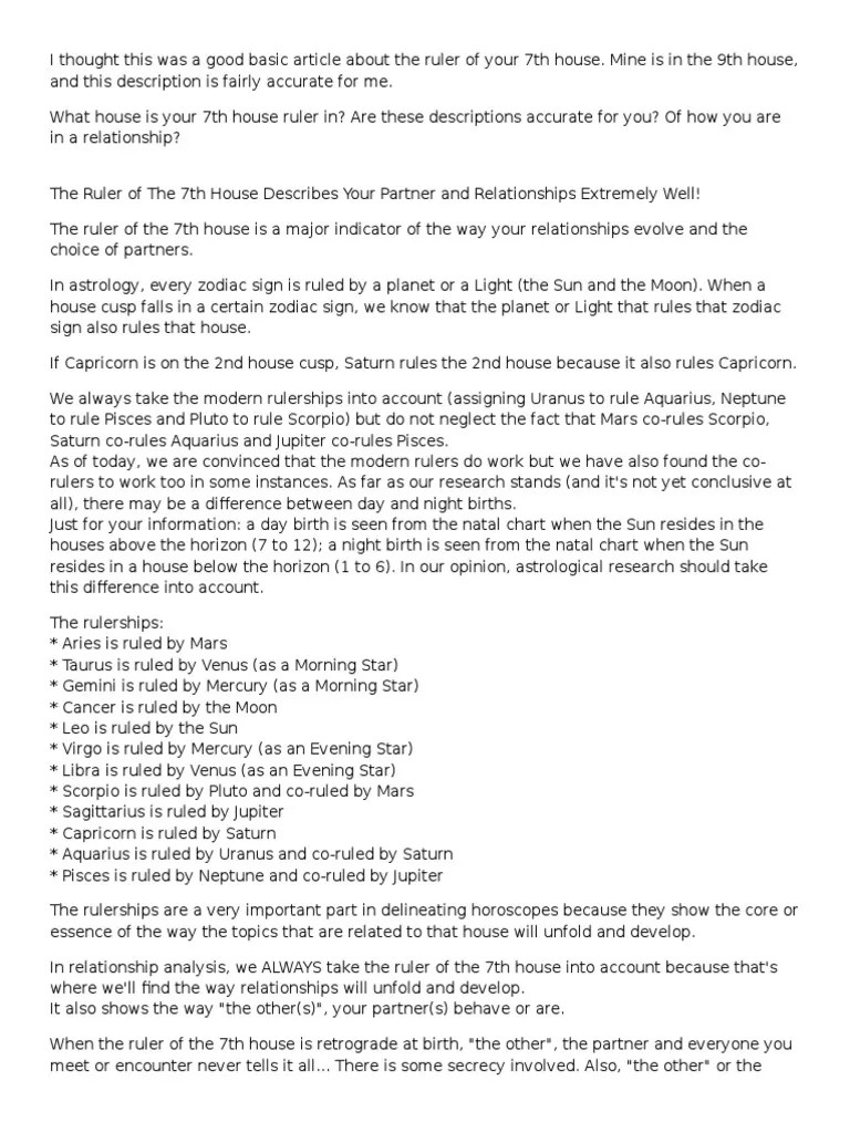 7th House Rulership PDF In Astrology Astrological Sign