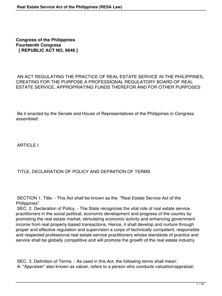 RESA Law Real Estate Act Service of The Philippines PDF Real Estate Appraisal Licensure