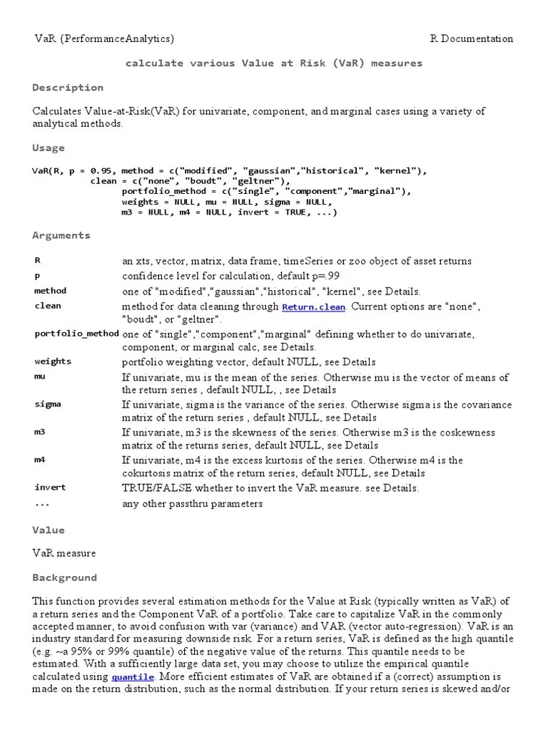 R_ Calculate Various Value at Risk (VaR) Measures Value At Risk