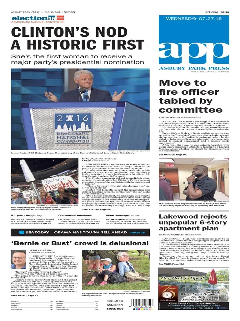 Asbury Park Press Front Page Wednesday, July 27 2016 PDF 2016(02)