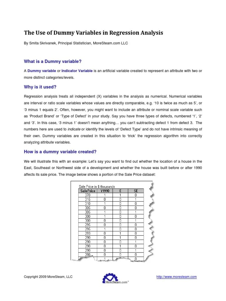 The Use of Dummy Variables in Regression Analysis Dummy Variable