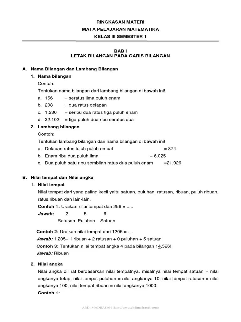Ringkasan Materi Matematika Kelas 3 Semester 1 | PDF