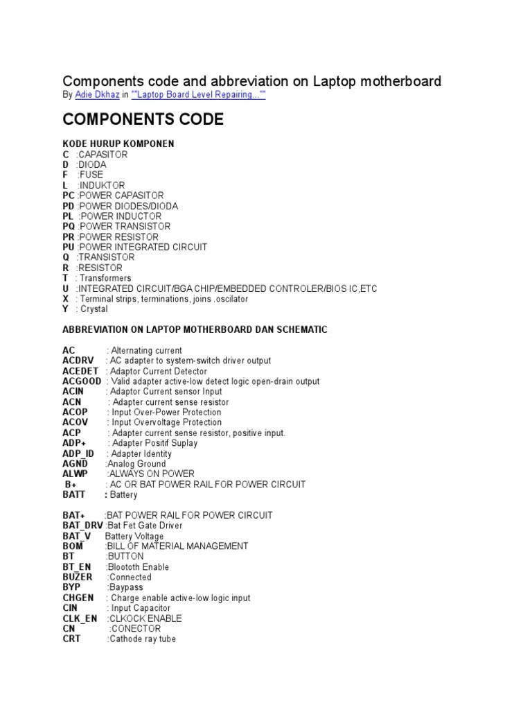 Components Code and Abbreviation On Laptop Motherboard PDF Electronic Circuits Capacitor