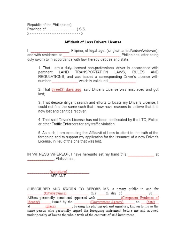 Affidavit of Loss Drivers License