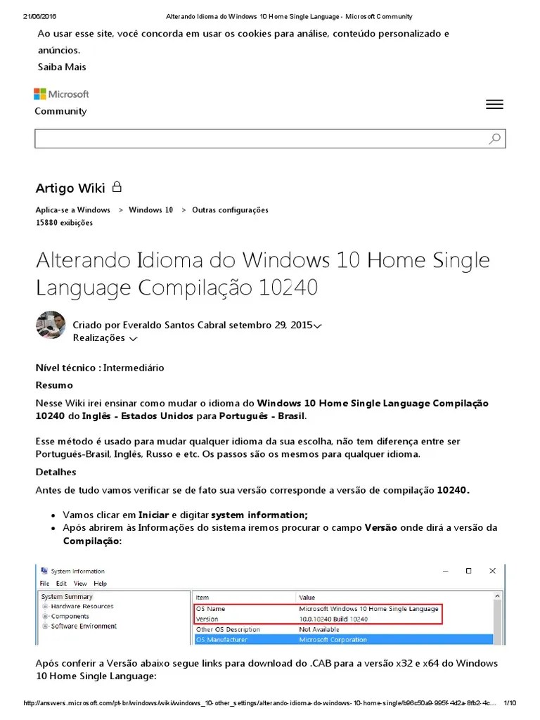 Alterando Idioma do Windows 10 Home Single Language Microsoft