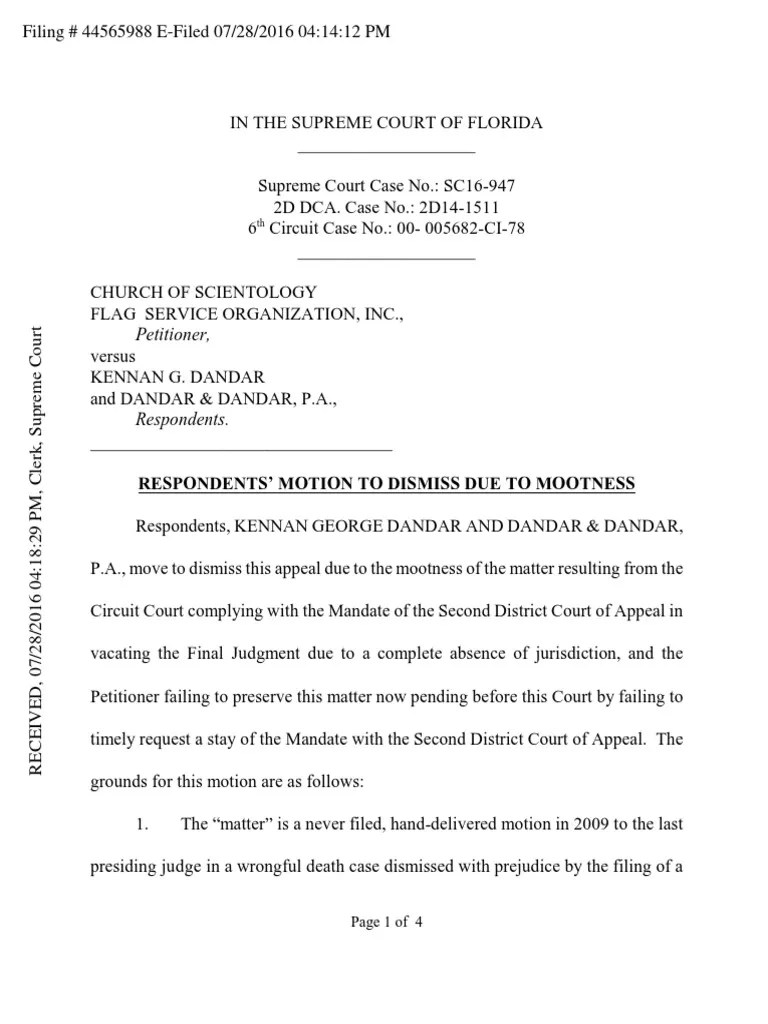 Scientology v. Dandar State Supreme Court Appeal Motion To Dismiss