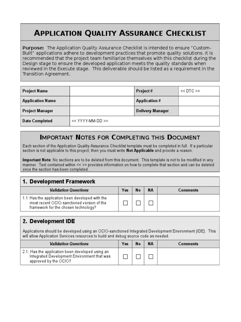 Quality Assurance Checklist Software Testing Databases