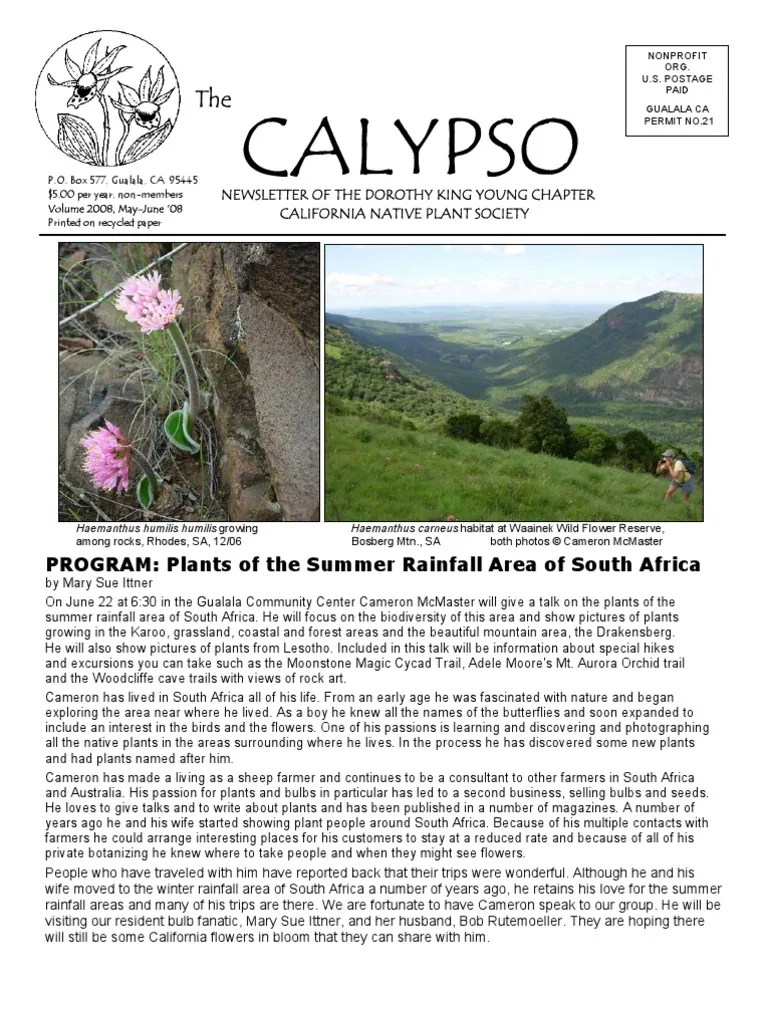 MayJune 2008 CALYPSO Newsletter Native Plant Society PDF Weed Lagoon