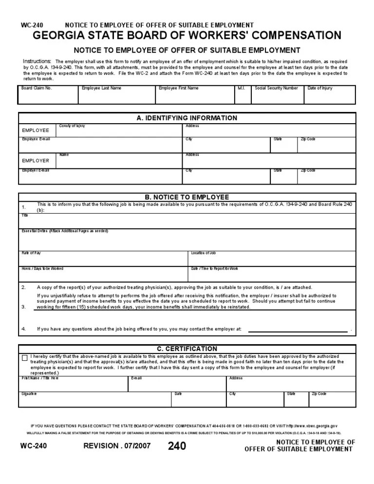 WC240 Workers' Compensation Employment